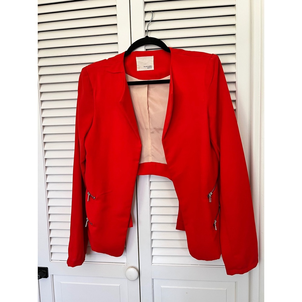 Mustard Seed Red Open Front Blazer Jacket Zipper Detail Size M